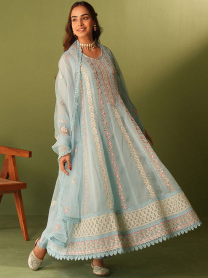 Floral Embroidered Organza A-Line Kurta With Trousers And Dupatta