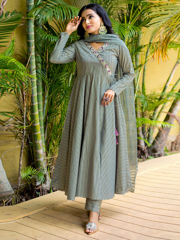Grey Stripes Anarkali Kurta with Pant and Dupatta (Set of 3)