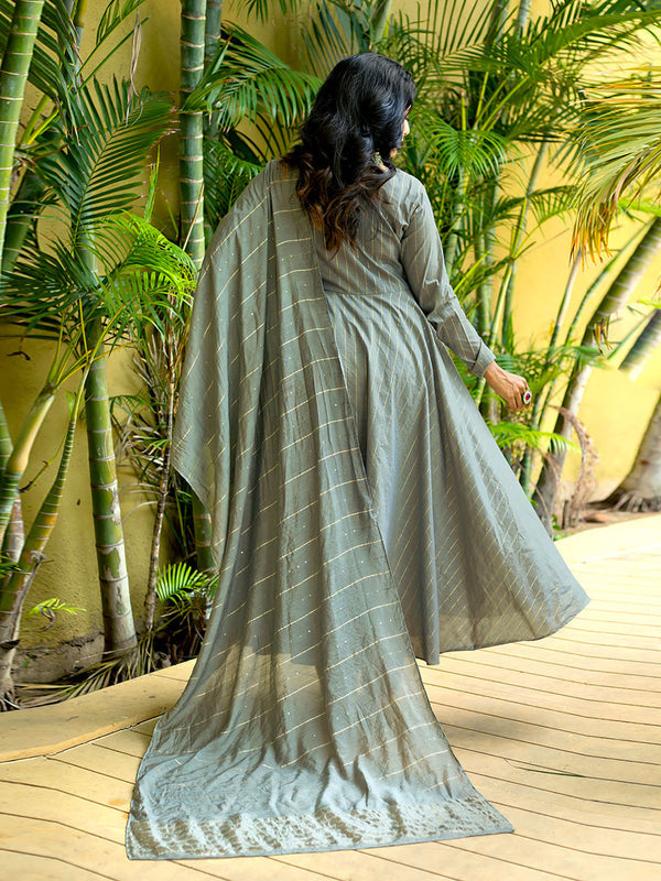 Grey Stripes Anarkali Kurta with Pant and Dupatta (Set of 3)