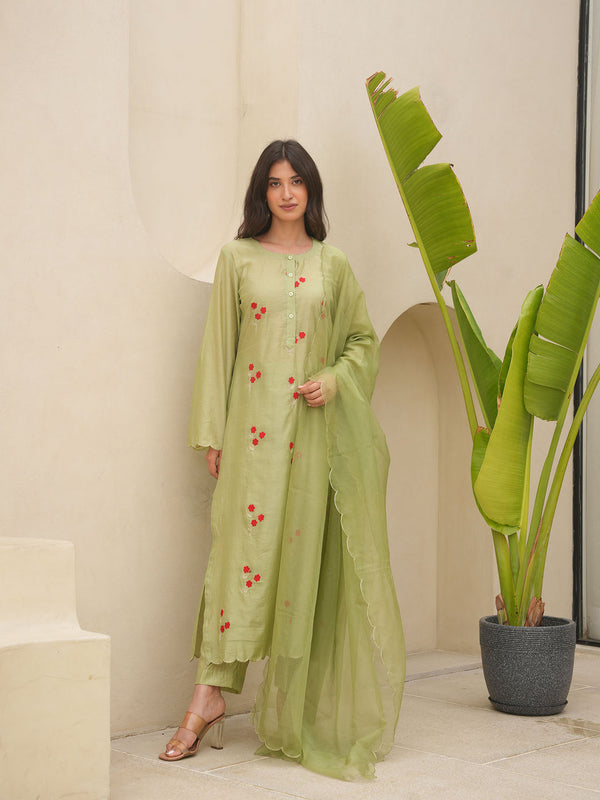 Pista Chanderi Floral Embroidered Kurta with Pant and Dupatta (Set of 3)