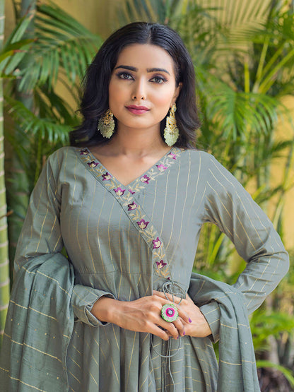 Grey Stripes Anarkali Kurta with Pant and Dupatta (Set of 3)