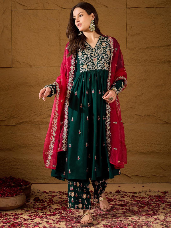 Floral Embroidered V-Neck Silk A-Line Kurta & Trousers With Dupatta