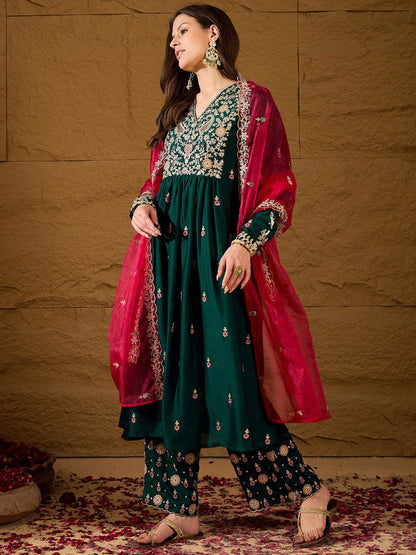 Floral Embroidered V-Neck Silk A-Line Kurta & Trousers With Dupatta