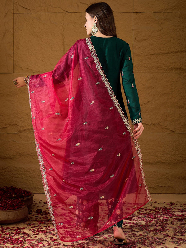 Floral Embroidered V-Neck Silk A-Line Kurta & Trousers With Dupatta