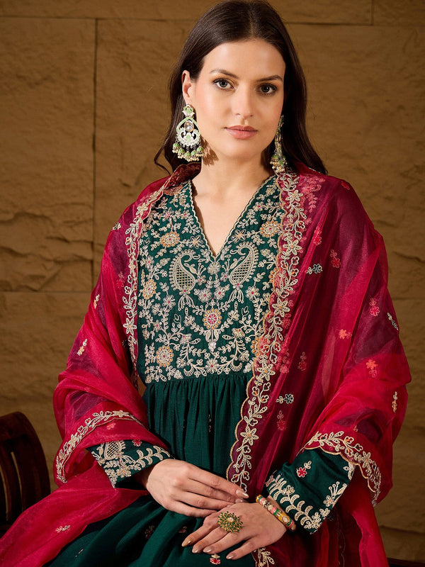 Floral Embroidered V-Neck Silk A-Line Kurta & Trousers With Dupatta