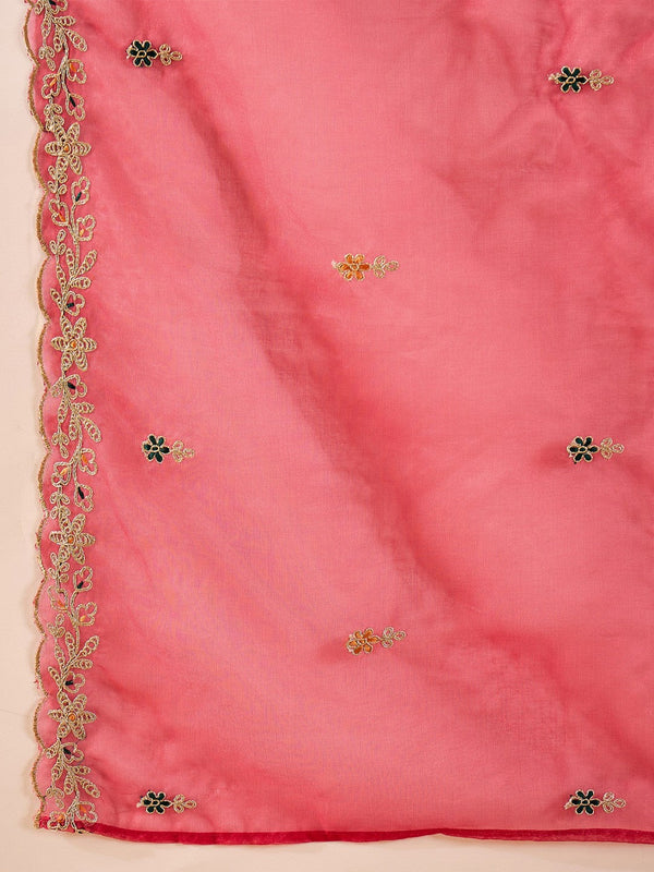 Floral Embroidered V-Neck Silk A-Line Kurta & Trousers With Dupatta