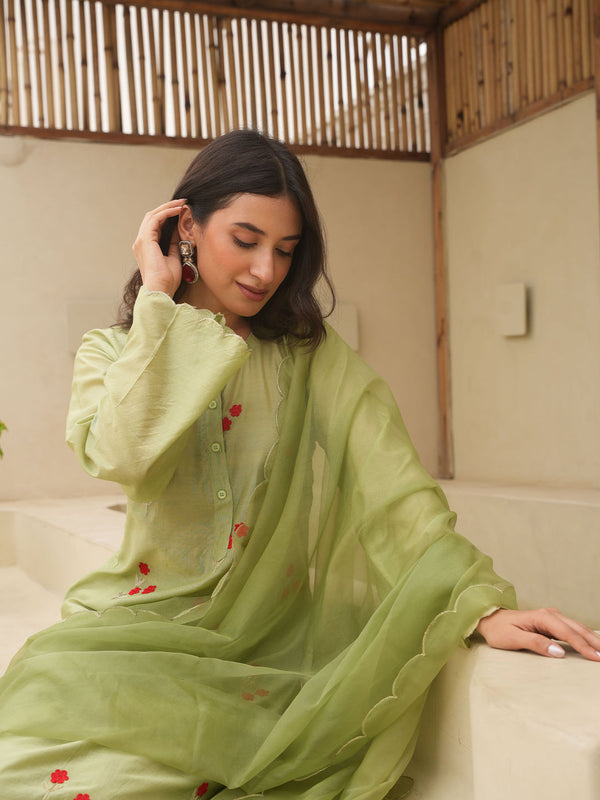 Pista Chanderi Floral Embroidered Kurta with Pant and Dupatta (Set of 3)