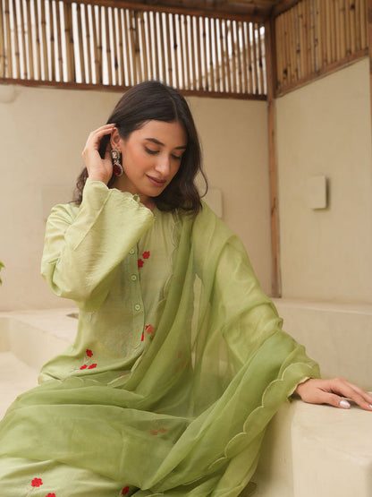 Pista Chanderi Floral Embroidered Kurta with Pant and Dupatta (Set of 3)