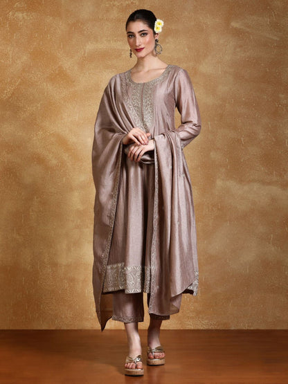 Taupe Zari Embroidered A-Line Kurta With Pant And Dupatta (Set of 3)