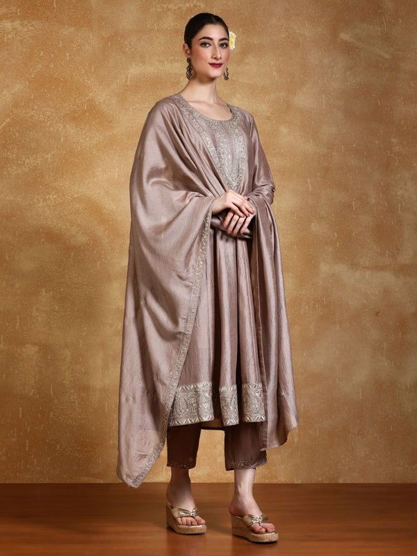 Taupe Zari Embroidered A-Line Kurta With Pant And Dupatta (Set of 3)