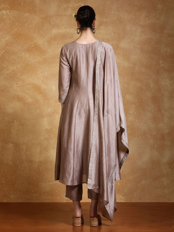 Taupe Zari Embroidered A-Line Kurta With Pant And Dupatta (Set of 3)