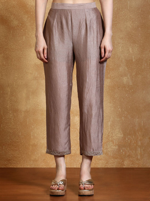 Taupe Zari Embroidered A-Line Kurta With Pant And Dupatta (Set of 3)