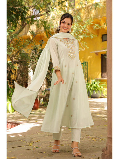 Pistagreen Mulmul Gota Patti and Zari Embroidered Anarkali Set(Set of 3)