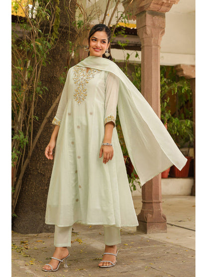 Pistagreen Mulmul Gota Patti and Zari Embroidered Anarkali Set(Set of 3)