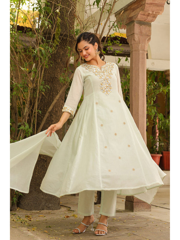 Pistagreen Mulmul Gota Patti and Zari Embroidered Anarkali Set(Set of 3)