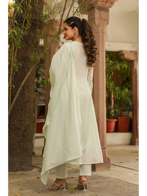 Pistagreen Mulmul Gota Patti and Zari Embroidered Anarkali Set(Set of 3)