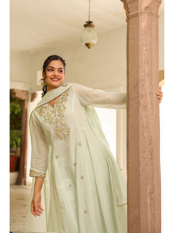 Pistagreen Mulmul Gota Patti and Zari Embroidered Anarkali Set(Set of 3)