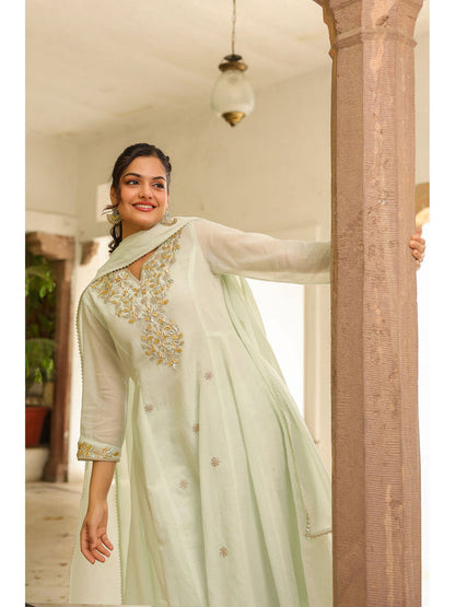 Pistagreen Mulmul Gota Patti and Zari Embroidered Anarkali Set(Set of 3)