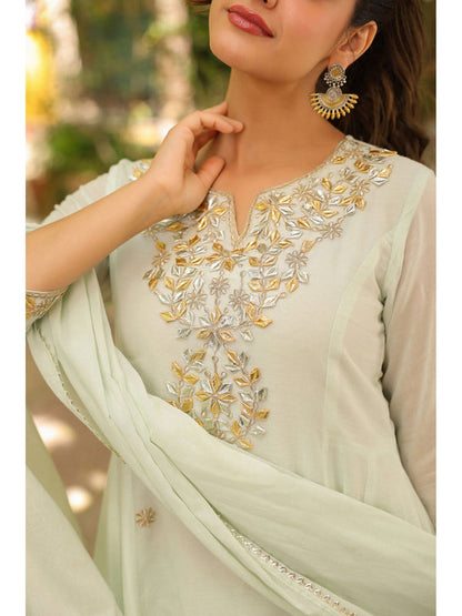 Pistagreen Mulmul Gota Patti and Zari Embroidered Anarkali Set(Set of 3)