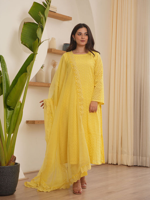 Josie Yellow Schiffli Straight Kurta with Pant and Dupatta (Set of 3)