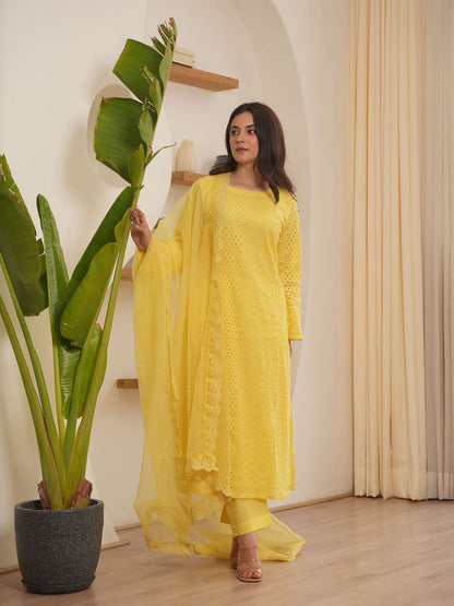 Josie Yellow Schiffli Straight Kurta with Pant and Dupatta (Set of 3)