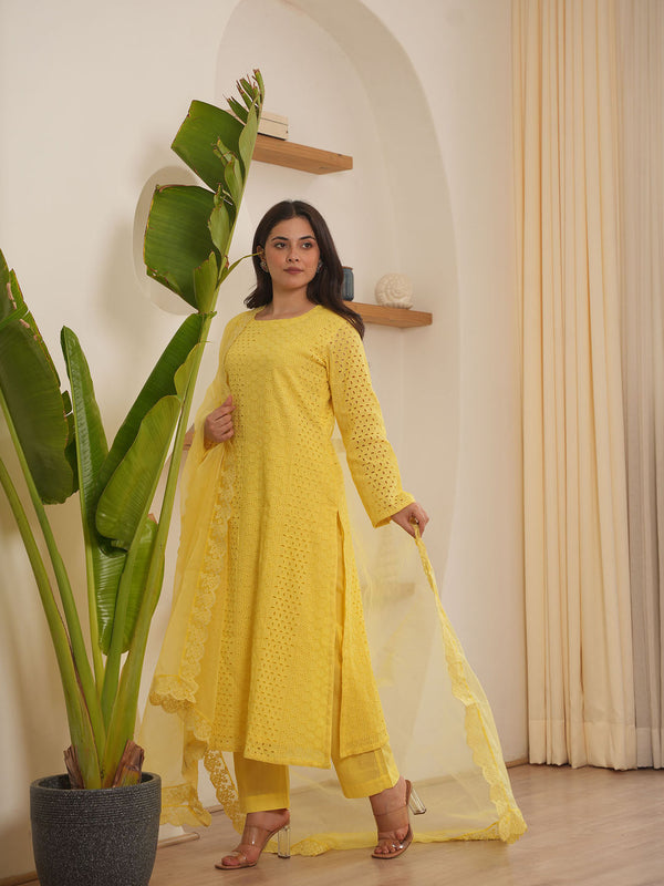 Josie Yellow Schiffli Straight Kurta with Pant and Dupatta (Set of 3)