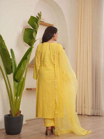 Josie Yellow Schiffli Straight Kurta with Pant and Dupatta (Set of 3)