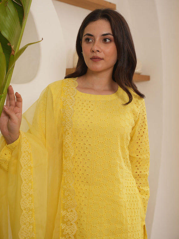 Josie Yellow Schiffli Straight Kurta with Pant and Dupatta (Set of 3)