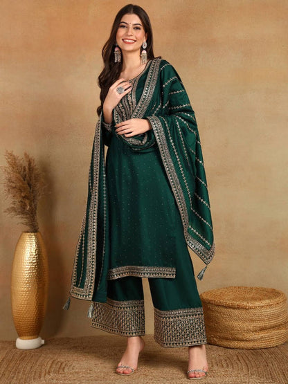 Women Silk Blend Embroidered Kurta Palazzo with Dupatta (Set of 3)