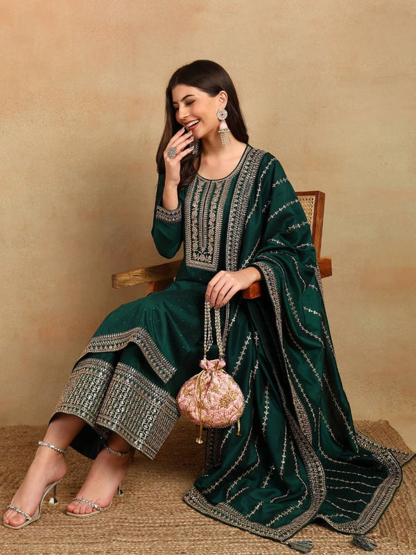 Women Silk Blend Embroidered Kurta Palazzo with Dupatta (Set of 3)