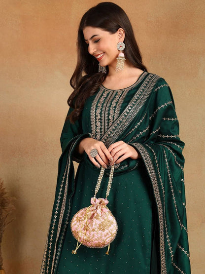 Women Silk Blend Embroidered Kurta Palazzo with Dupatta (Set of 3)