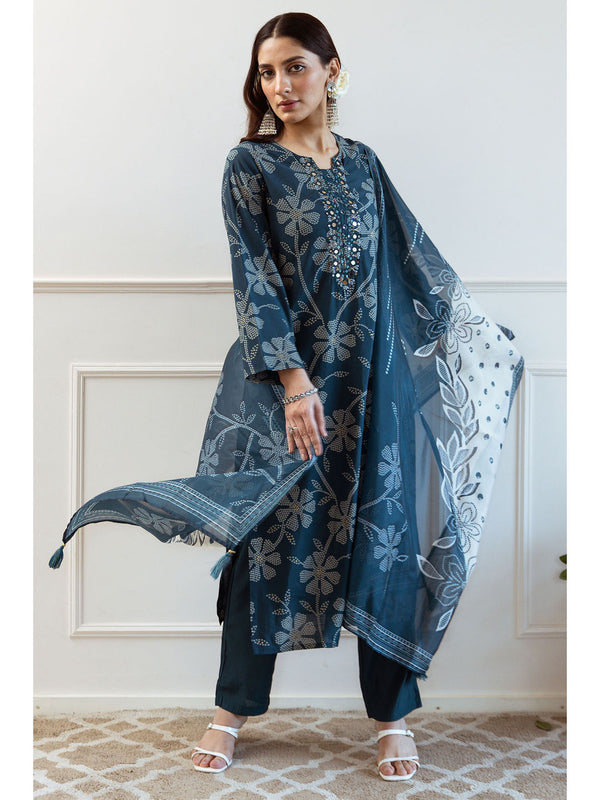 Teal Modal Floral Print Kurta with Pant and Dupatta (Set of 3)