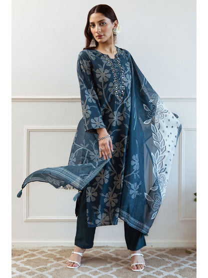 Teal Modal Floral Print Kurta with Pant and Dupatta (Set of 3)