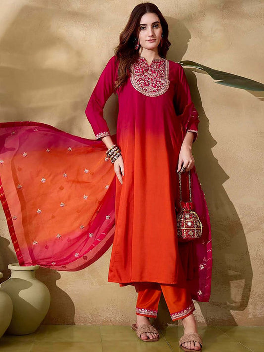 Women Orange Silk Blend Embroidered Kurta with Pant and Dupatta (Set of 3)