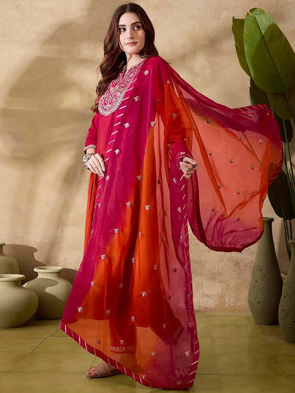 Women Orange Silk Blend Embroidered Kurta with Pant and Dupatta (Set of 3)