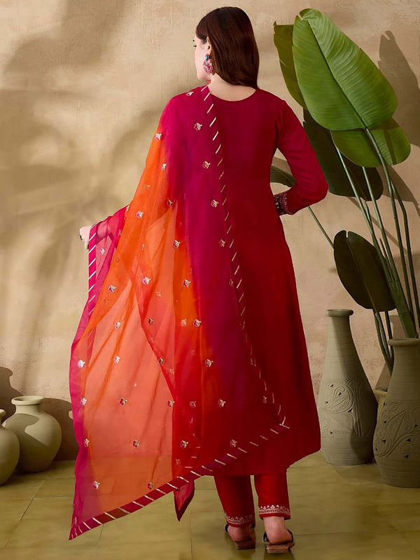 Women Orange Silk Blend Embroidered Kurta with Pant and Dupatta (Set of 3)