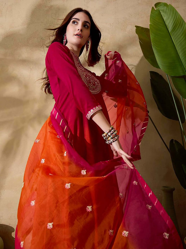 Women Orange Silk Blend Embroidered Kurta with Pant and Dupatta (Set of 3)