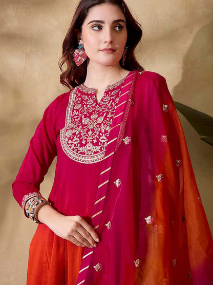 Women Orange Silk Blend Embroidered Kurta with Pant and Dupatta (Set of 3)