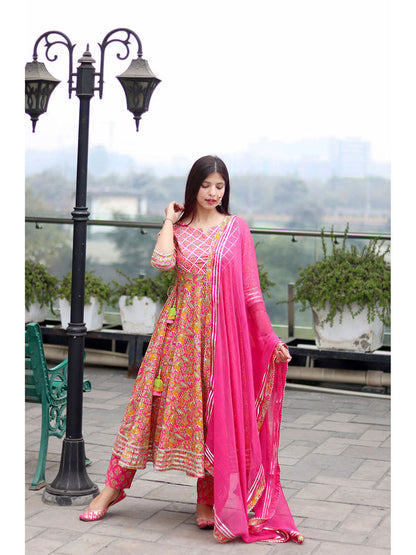 Pink Floral Handworked Anarkali Pant with Dupatta (Set of 3)
