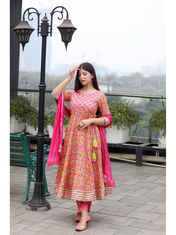 Pink Floral Handworked Anarkali Pant with Dupatta (Set of 3)