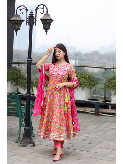 Pink Floral Handworked Anarkali Pant with Dupatta (Set of 3)