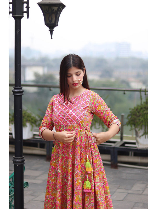 Pink Floral Handworked Anarkali Pant with Dupatta (Set of 3)