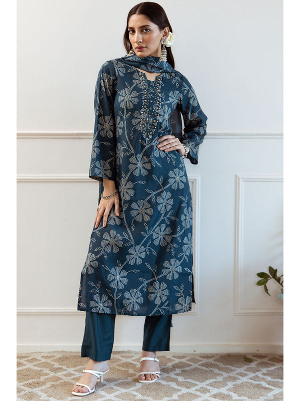 Teal Modal Floral Print Kurta with Pant and Dupatta (Set of 3)