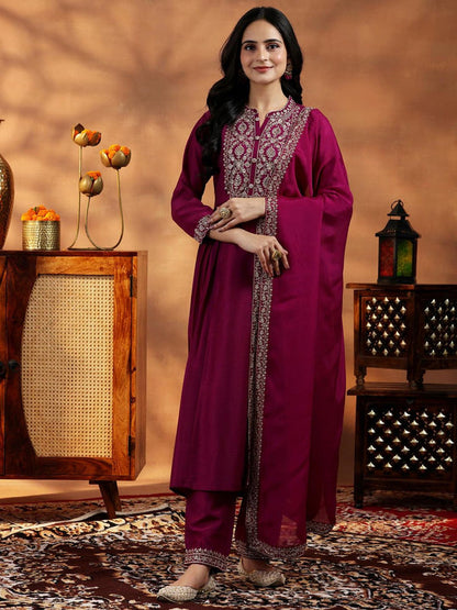 Womens Purple Anarkali Kurta with Pant and Dupatta (Set of 3)