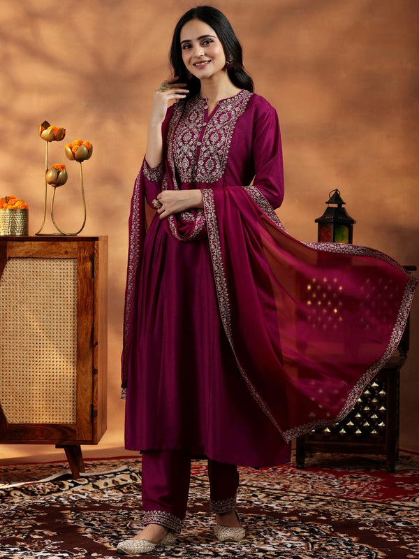 Womens Purple Anarkali Kurta with Pant and Dupatta (Set of 3)