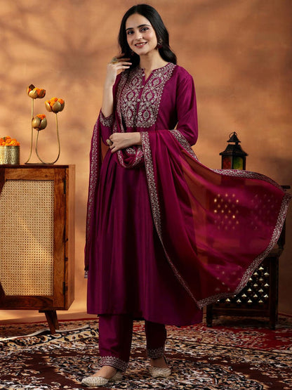 Womens Purple Anarkali Kurta with Pant and Dupatta (Set of 3)