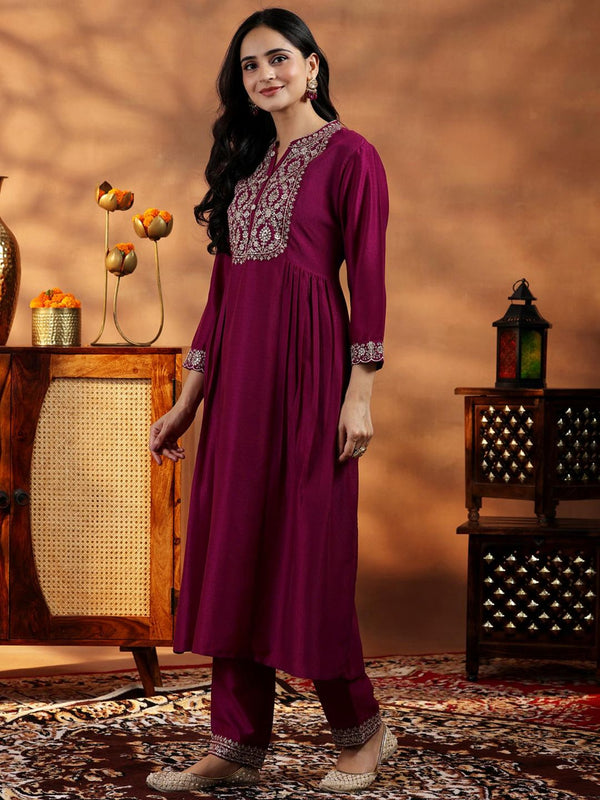 Womens Purple Anarkali Kurta with Pant and Dupatta (Set of 3)