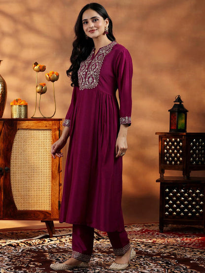 Womens Purple Anarkali Kurta with Pant and Dupatta (Set of 3)