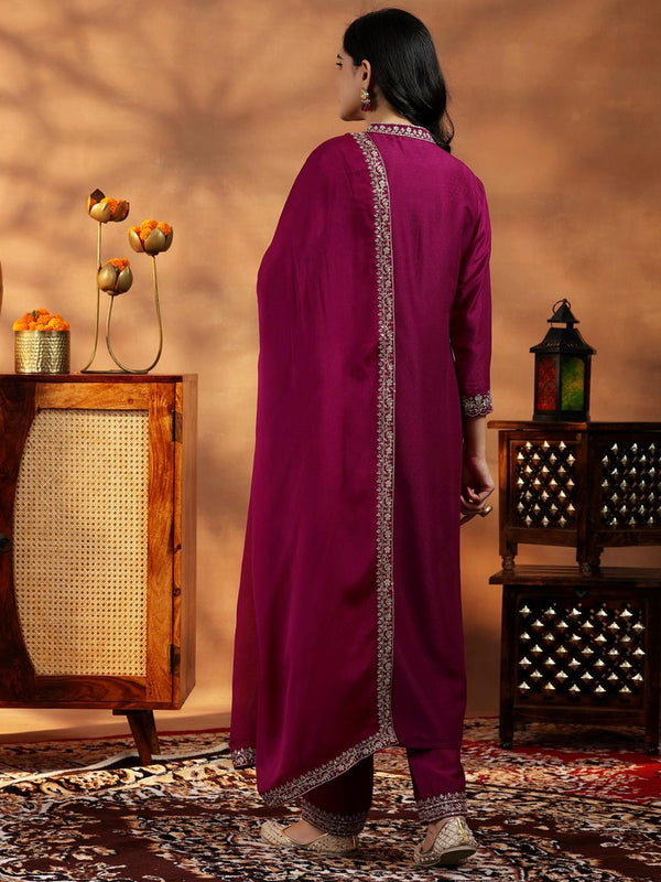 Womens Purple Anarkali Kurta with Pant and Dupatta (Set of 3)