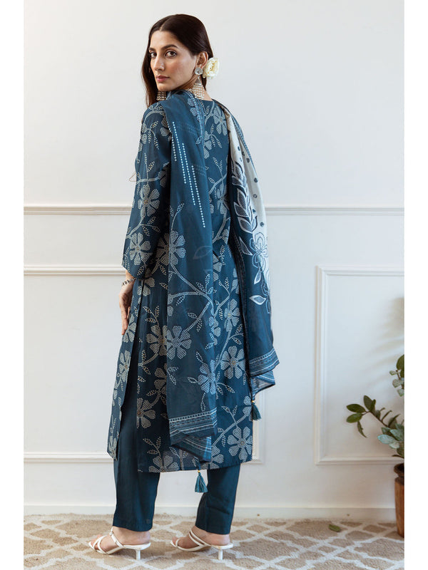 Teal Modal Floral Print Kurta with Pant and Dupatta (Set of 3)